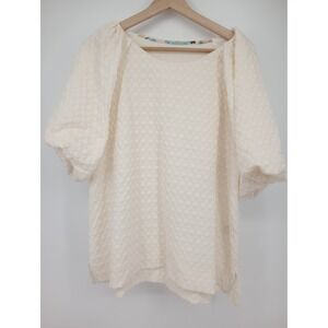 Unknown Brand Puff Sleeve Blouse Women L Cream Textured Check Round Neck